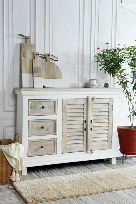 Commode en bois de manguier avec 3 tiroirs et 2 portes, 122 x 26 x 92 cm