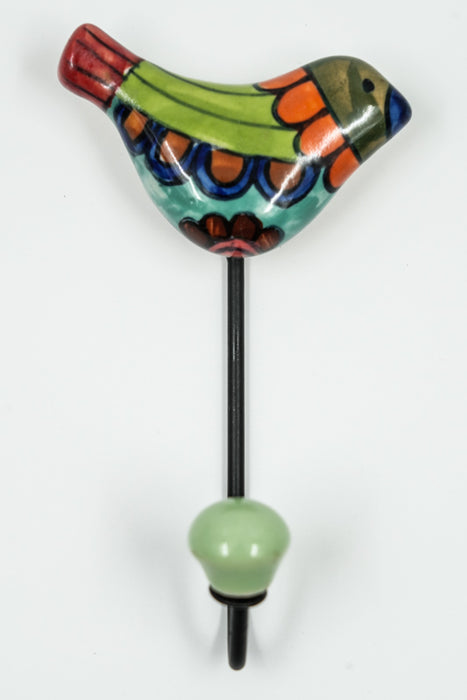 Patère oiseau en céramique peinte en vert/bleu/multicolore