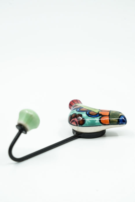 Patère oiseau en céramique peinte en vert/bleu/multicolore