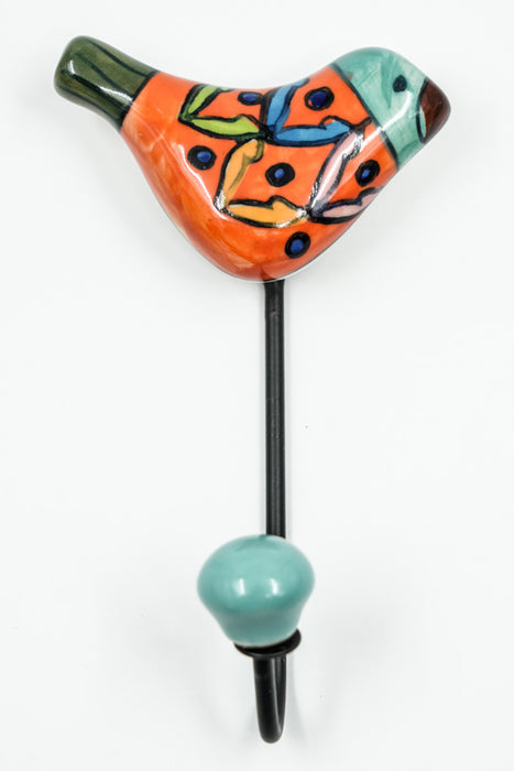 Patère oiseau en céramique peinte orange/bleu clair/multicolore