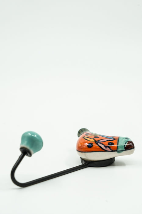 Patère oiseau en céramique peinte orange/bleu clair/multicolore