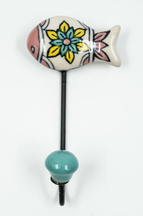 Patère poisson en céramique peinte en blanc/bleu/jaune/multicolore