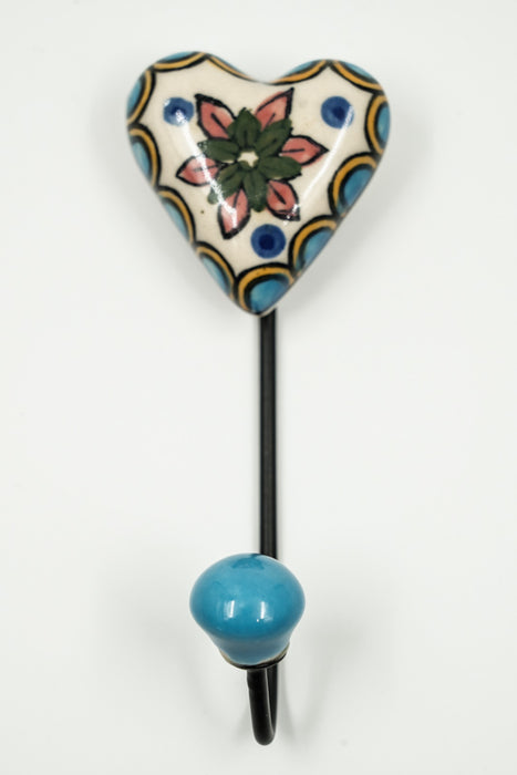 Coat hook ceramic heart painted white/blue/purple/multicolor