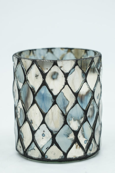 Lanterne en verre mosaïque cylindrique argent antique 6x7cm