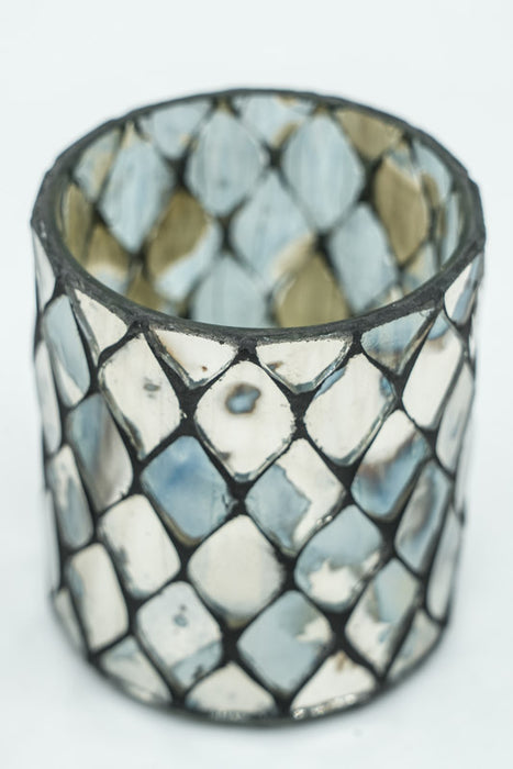 Lanterne en verre mosaïque cylindrique argent antique 6x7cm