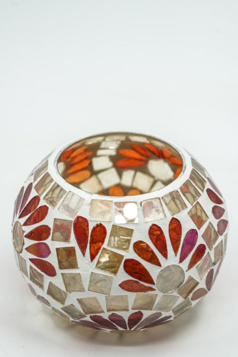 Glass lantern mosaic round gold/red 10x8.5cm