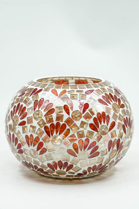 Glass lantern mosaic round gold/red 20x15cm