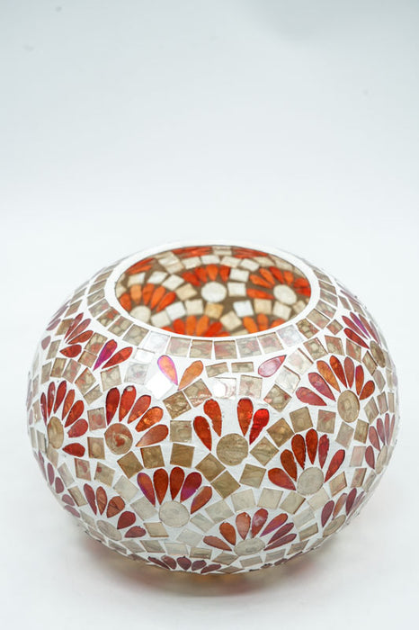Glass lantern mosaic round gold/red 20x15cm