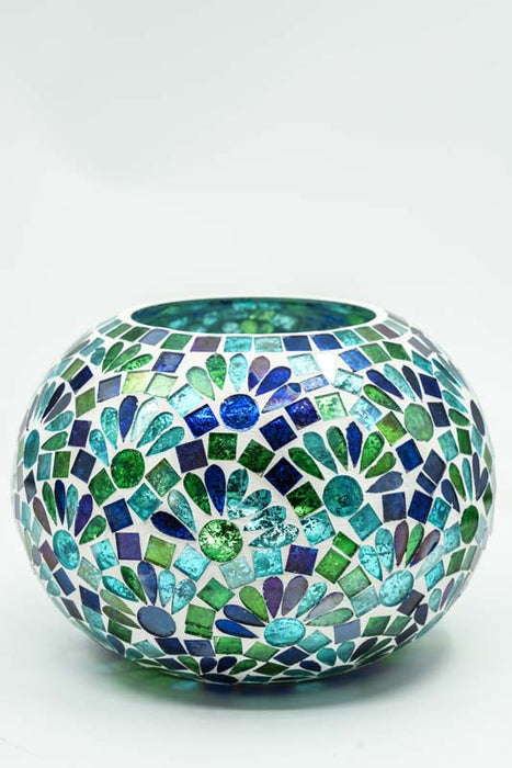 Lanterne en verre mosaïque ronde bleu/vert 20x15cm