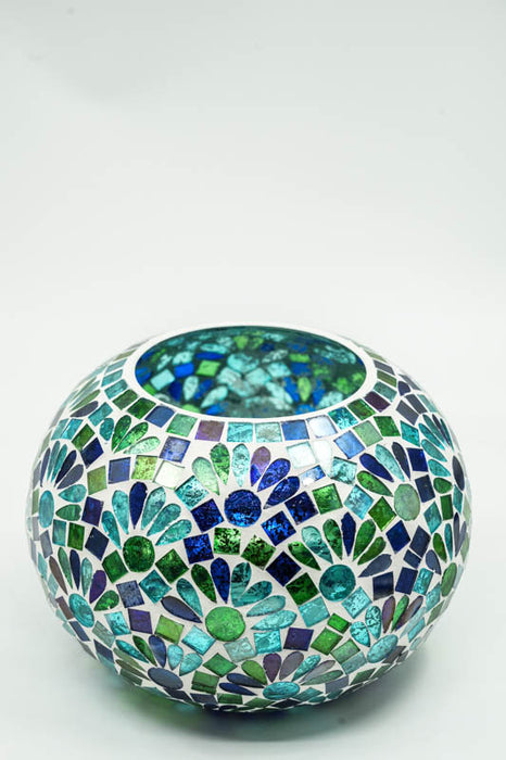 Lanterne en verre mosaïque ronde bleu/vert 20x15cm