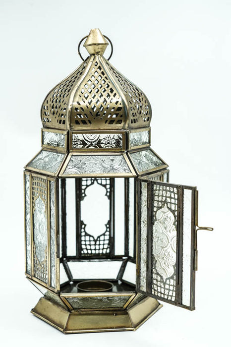 Lanterne hexagonale en laiton antique transparent 31,5x16x16 cm