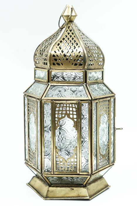Lanterne hexagonale en laiton antique transparent 31,5x16x16 cm