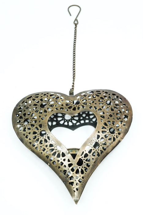 Photophore décoratif suspendu en forme de cœur en laiton antique 21x21x4,5 cm