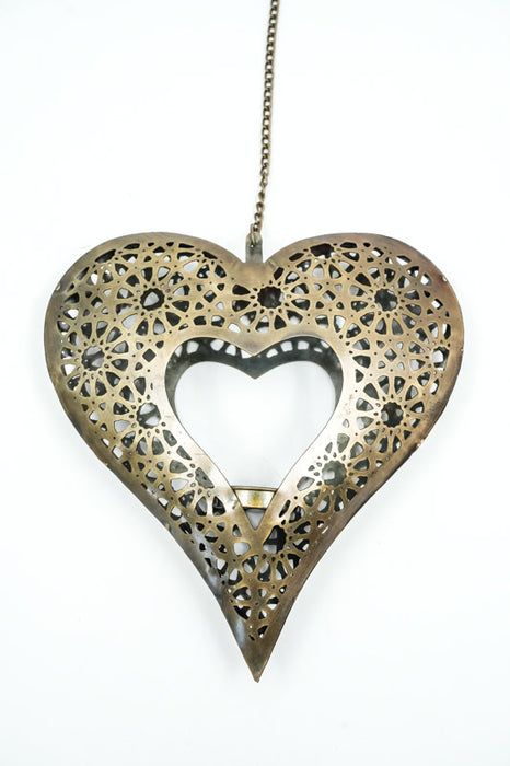 Photophore décoratif suspendu en forme de cœur en laiton antique 21x21x4,5 cm