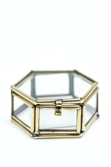 Schmuckschatulle 6-eckig Messing antik mit Glas 2.25x5.25x5 cm