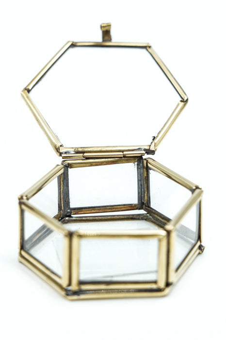 Schmuckschatulle 6-eckig Messing antik mit Glas 2.25x5.25x5 cm