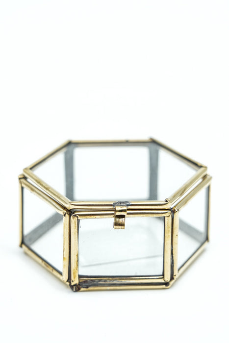 Boîte à bijoux hexagonale en laiton antique avec verre 3x7x6 cm