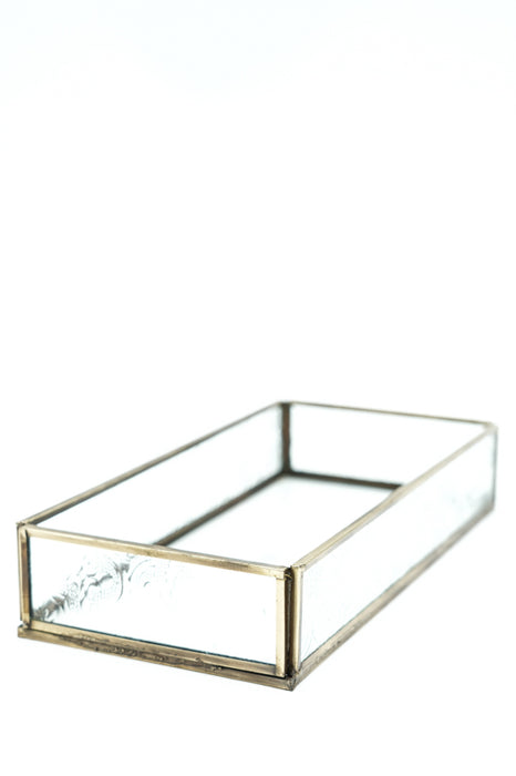 Antique brass tray with glass 23x11x4 cm