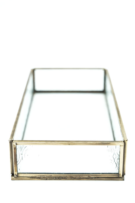 Antique brass tray with glass 23x11x4 cm