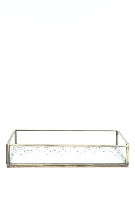 Antique brass tray with glass 23x11x4 cm