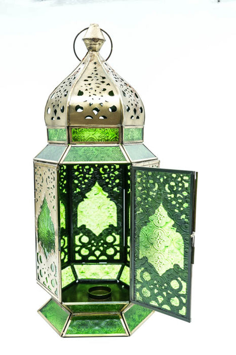 Lantern hexagonal brass green 47x20x18 cm