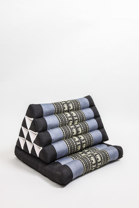 Coussin thaï en kapok - coussin triangulaire avec un tapis noir/gris avec éléphant 50 x 80 cm