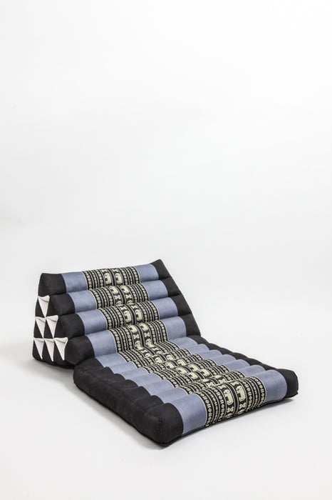 Coussin thaï en kapok - coussin triangulaire avec un tapis noir/gris avec éléphant 50 x 80 cm