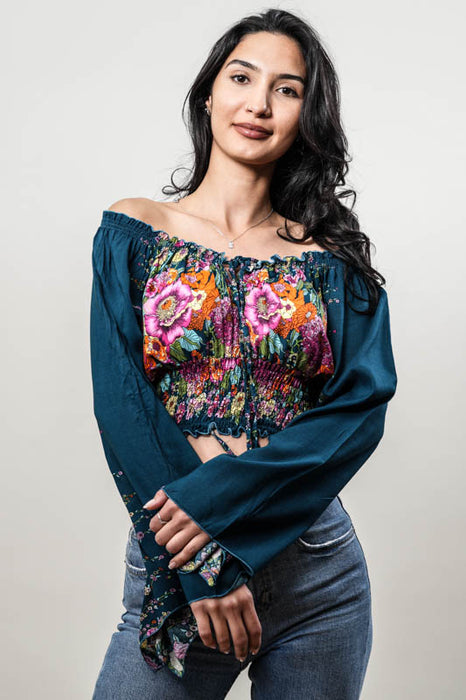 Top Carmen en rayonne à motifs assortis - Taille unique