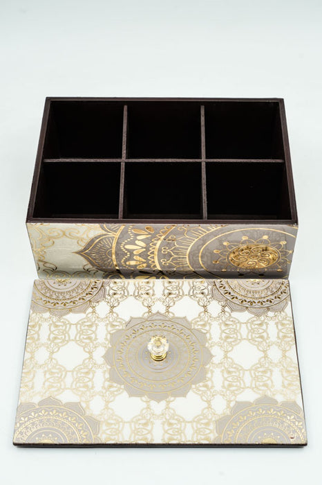 Boîte à sachets de thé en MDF avec impression numérique mandala 23,75x16,75x8,75 cm