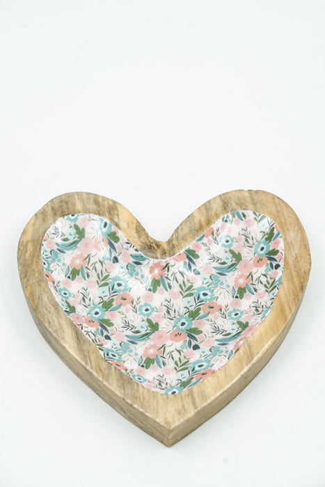 Heart-shaped mango wood jewelry plate with digital flower meadow print 12.5 cm