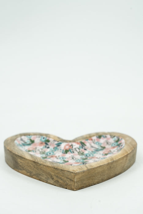 Heart-shaped mango wood jewelry plate with digital flower meadow print 12.5 cm