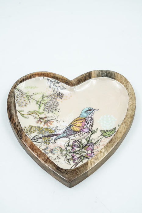 Heart-shaped mango wood jewelry plate with digital bird print, 17.5 cm