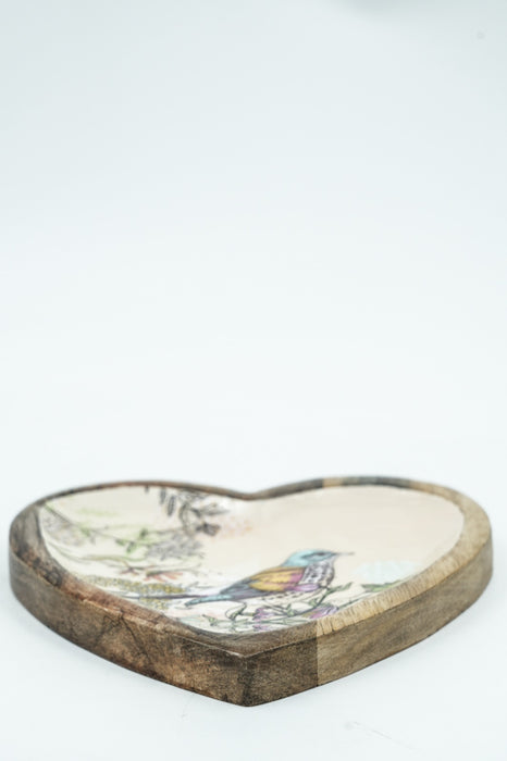 Heart-shaped mango wood jewelry plate with digital bird print, 17.5 cm