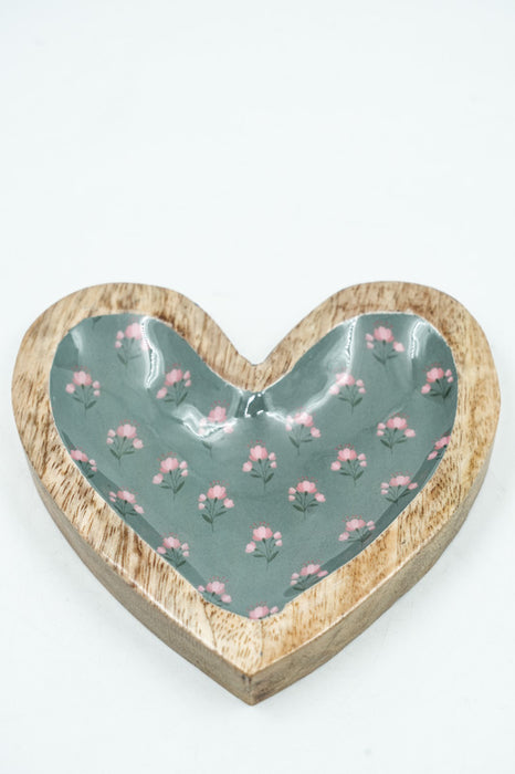 Jewelry plate heart-shaped mango wood with digital flower print 12.5 cm