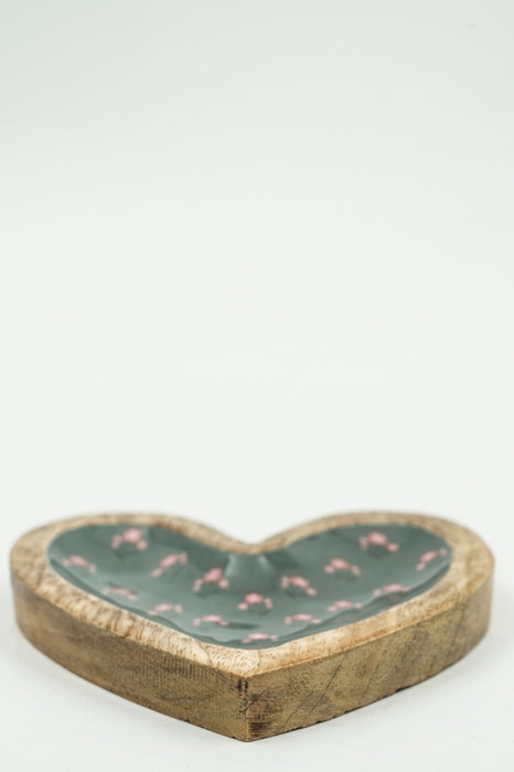 Jewelry plate heart-shaped mango wood with digital flower print 12.5 cm