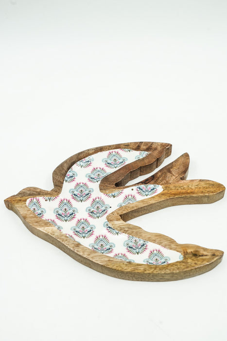 Mango wood bird-shaped decorative plate with digital print 25x20 cm