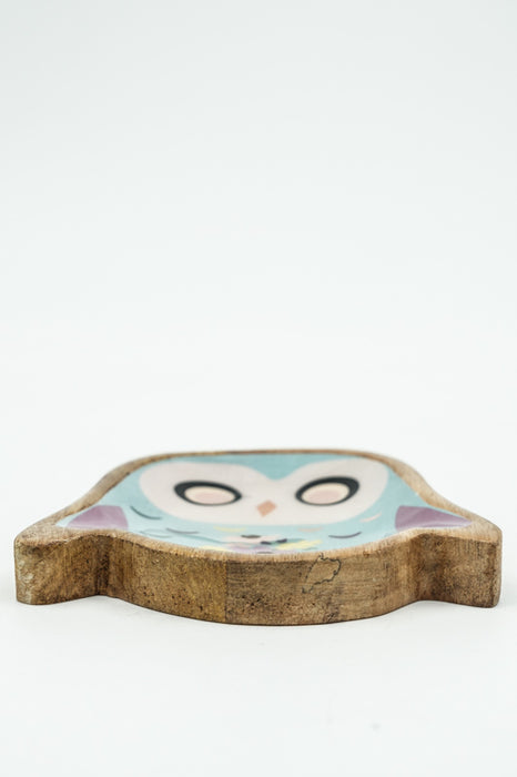 Owl-shaped mango wood jewelry plate with digital print, 10 cm
