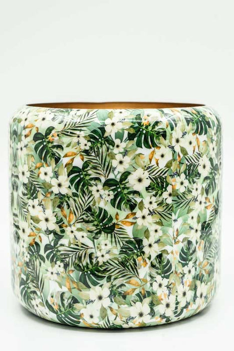 Blumenübertopf rund emailliert Blumen/Blätter 22x20cm