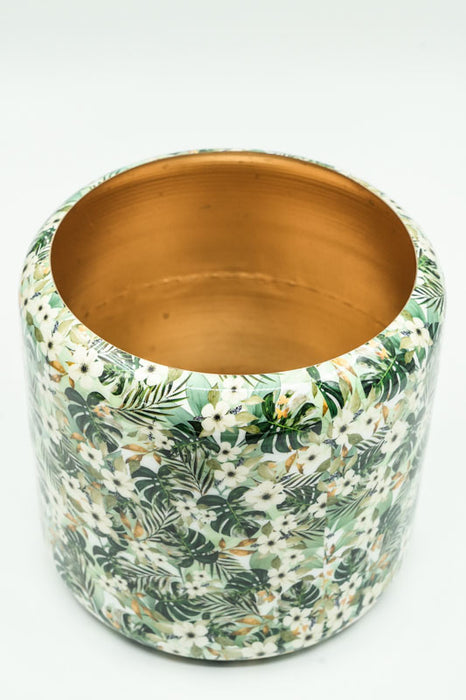 Blumenübertopf rund emailliert Blumen/Blätter 22x20cm