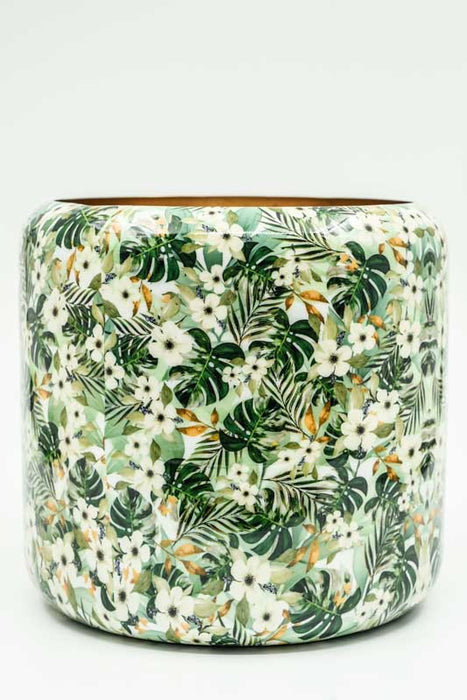 Blumenübertopf rund emailliert Blumen/Blätter 22x20cm
