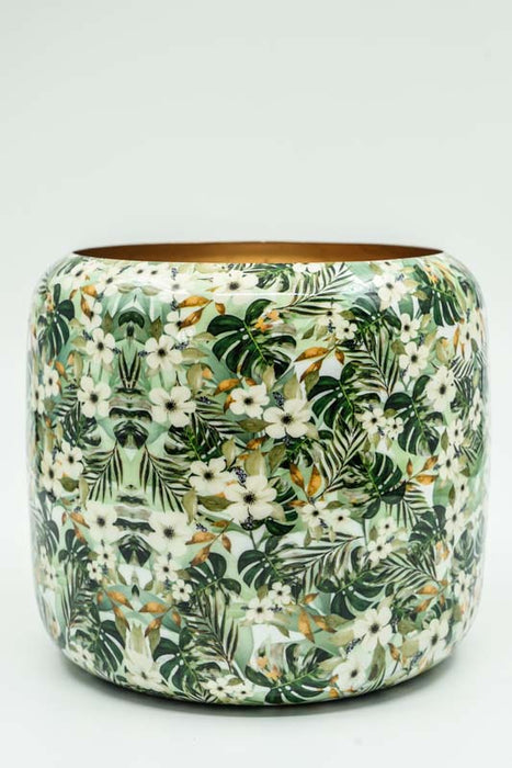 Blumenübertopf rund emailliert Blumen/Blätter  20x18cm