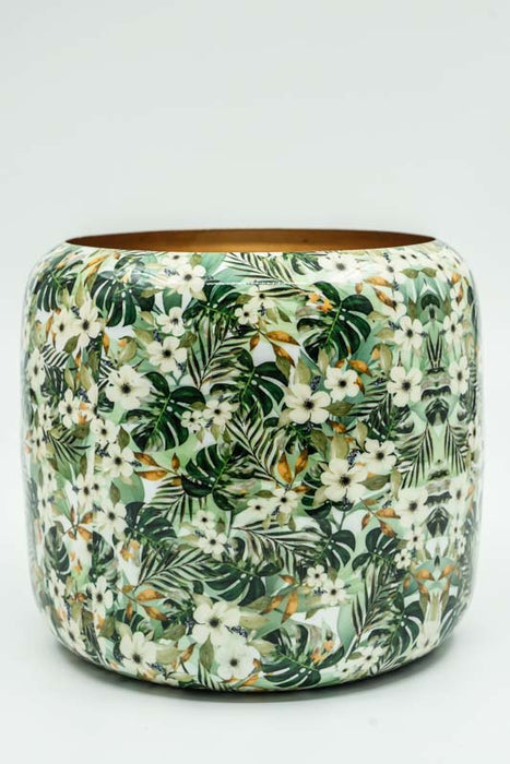 Blumenübertopf rund emailliert Blumen/Blätter  20x18cm