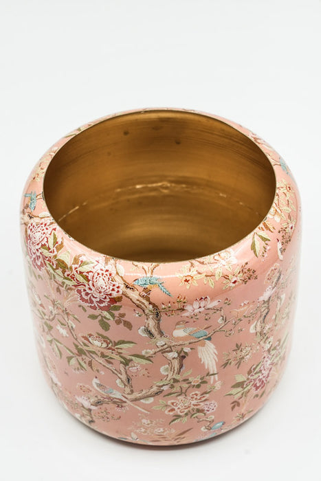 Pot de fleurs rond émaillé avec oiseaux et fleurs, 17 x 16 cm