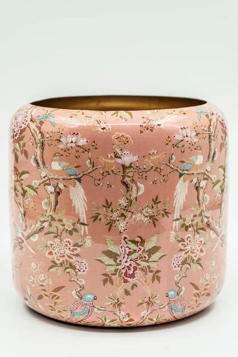 Pot de fleurs rond émaillé avec oiseaux et fleurs, 17 x 16 cm