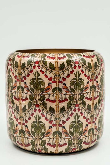 Blumenübertopf rund emailliert Vögel/Beeren 17x16cm