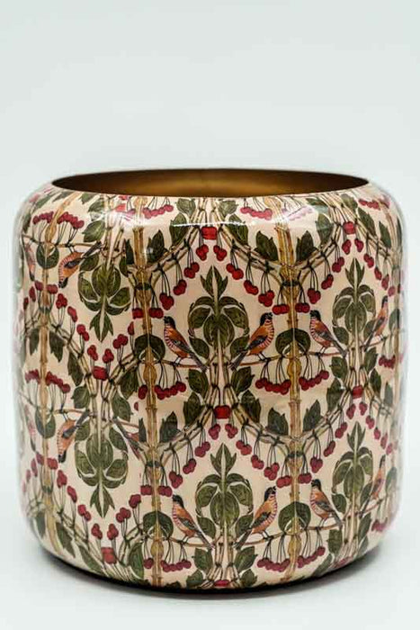 Blumenübertopf rund emailliert Vögel/Beeren 17x16cm