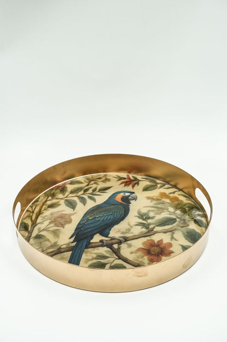 Enamelled round serving tray, parrot design, 36 cm