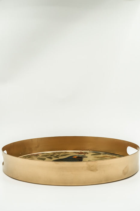 Enamelled round serving tray, parrot design, 36 cm