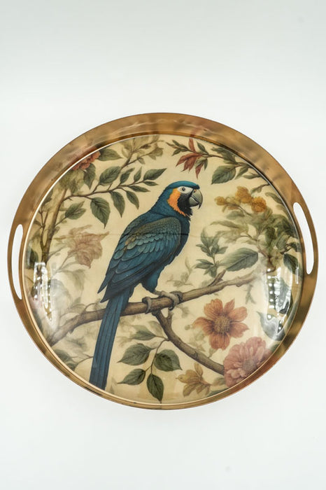 Enamelled round serving tray, parrot design, 36 cm