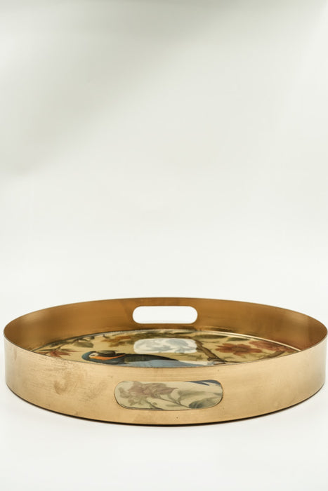 Enamelled round serving tray, parrot design, 36 cm
